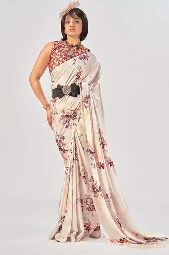 White satin silk elegant printed saree with unstitched blouse