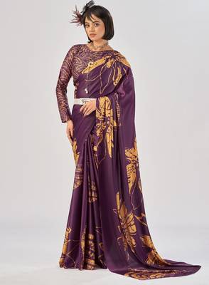 Wine satin silk elegant printed saree with unstitched blouse 1