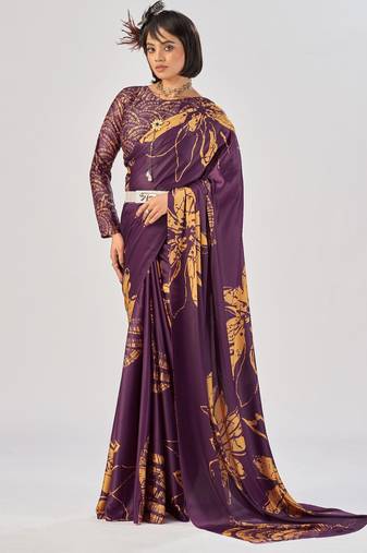 Wine satin silk elegant printed saree with unstitched blouse