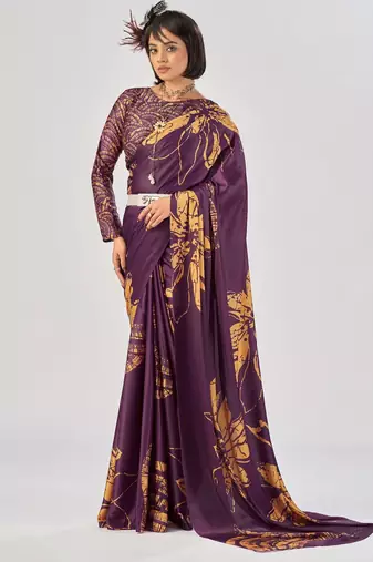Wine satin silk elegant printed saree with unstitched blouse