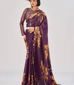 Wine satin silk elegant printed saree with unstitched blouse