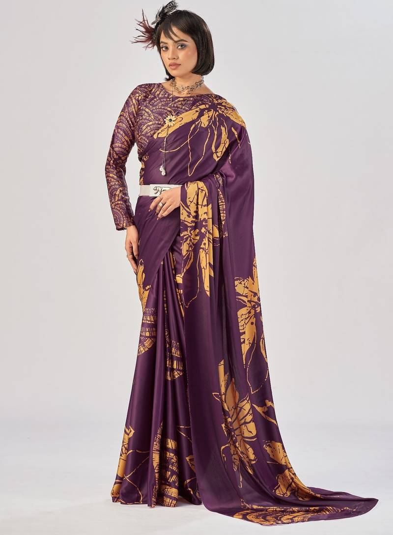Wine satin silk elegant printed saree with unstitched blouse