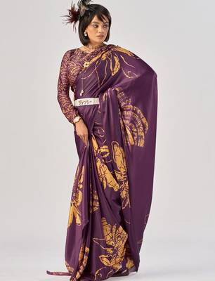 Wine satin silk elegant printed saree with unstitched blouse 2