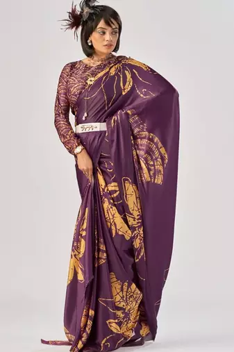 Wine satin silk elegant printed saree with unstitched blouse