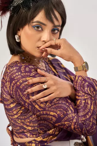 Wine satin silk elegant printed saree with unstitched blouse