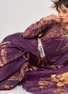 Wine satin silk elegant printed saree with unstitched blouse 4