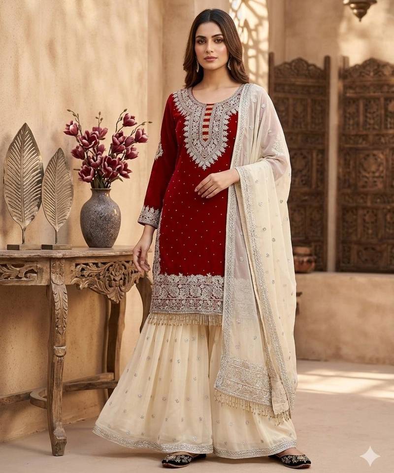  red embroidered sharara suit 
