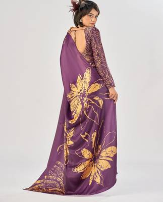 Wine satin silk elegant printed saree with unstitched blouse 5