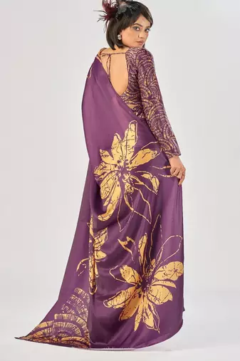 Wine satin silk elegant printed saree with unstitched blouse