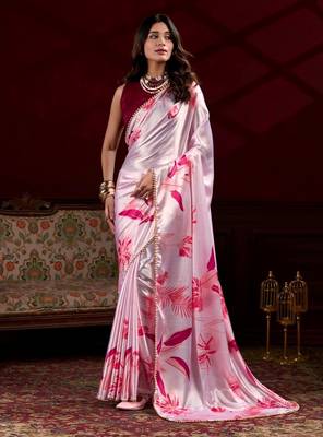 Baby pink satin silk floral printed with pearl lace saree with unstitched blouse 1