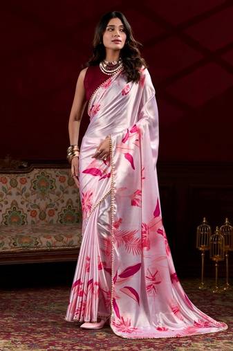 Baby pink satin silk floral printed with pearl lace saree with unstitched blouse