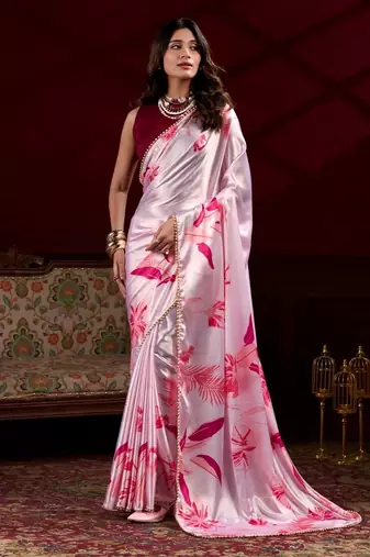 Baby pink satin silk floral printed with pearl lace saree with unstitched blouse