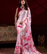 Baby pink satin silk floral printed with pearl lace saree with unstitched blouse