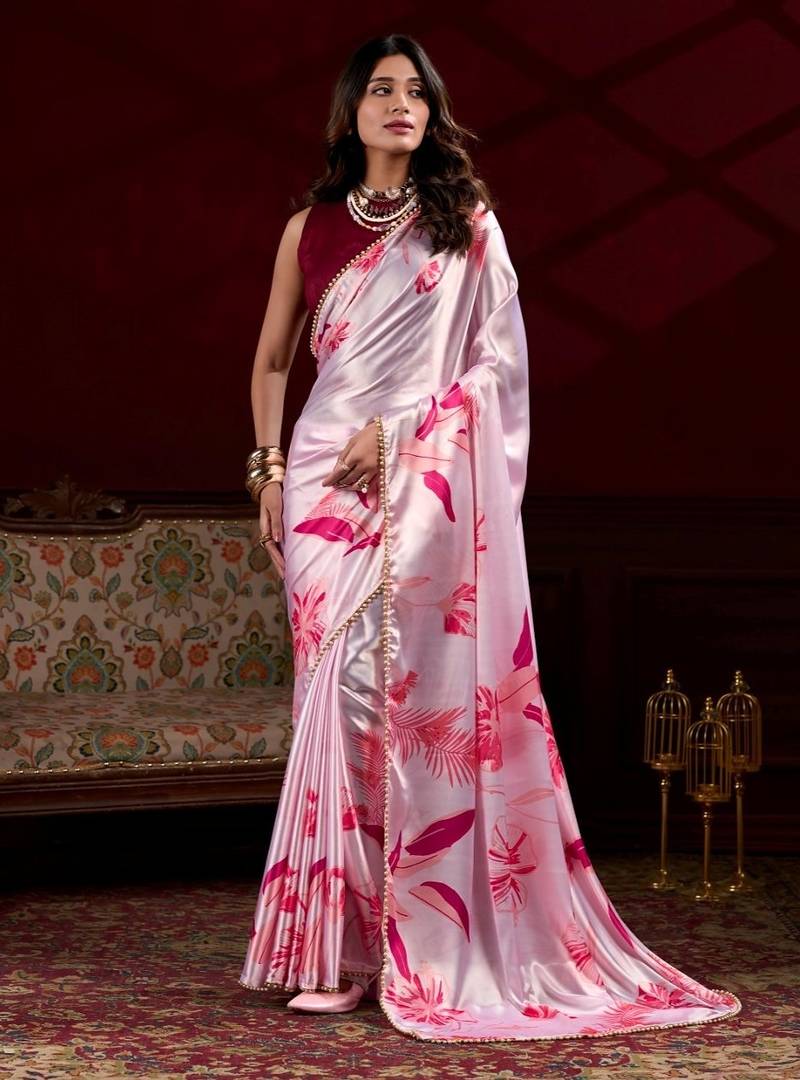 Baby pink satin silk floral printed with pearl lace saree with unstitched blouse