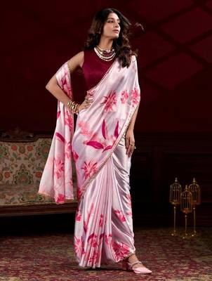 Baby pink satin silk floral printed with pearl lace saree with unstitched blouse 2