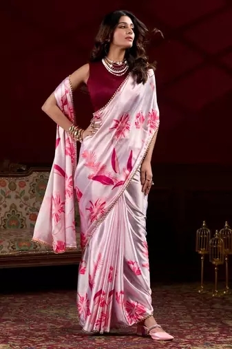 Baby pink satin silk floral printed with pearl lace saree with unstitched blouse