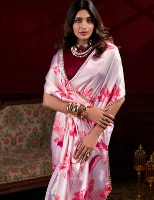 Baby pink satin silk floral printed with pearl lace saree with unstitched blouse 3