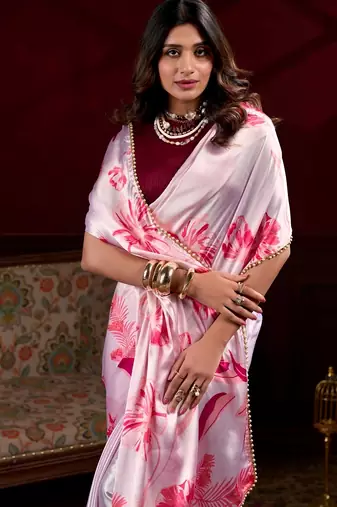 Baby pink satin silk floral printed with pearl lace saree with unstitched blouse