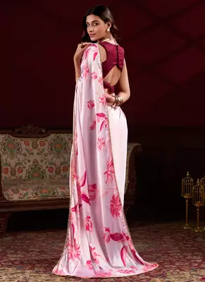 Baby pink satin silk floral printed with pearl lace saree with unstitched blouse 4
