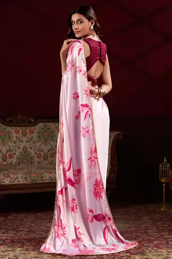 Baby pink satin silk floral printed with pearl lace saree with unstitched blouse