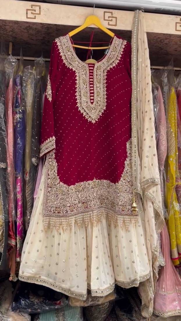  red embroidered sharara suit 