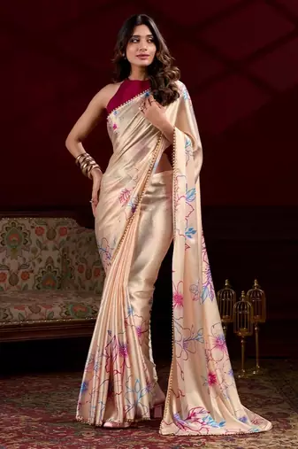 Cream satin silk floral printed with pearl lace saree with unstitched blouse