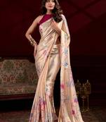 Cream satin silk floral printed with pearl lace saree with unstitched blouse