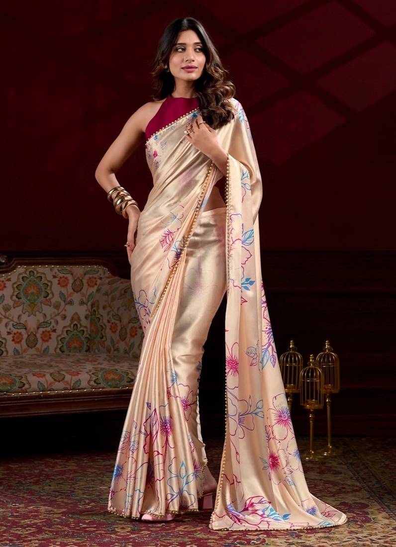 Cream satin silk floral printed with pearl lace saree with unstitched blouse