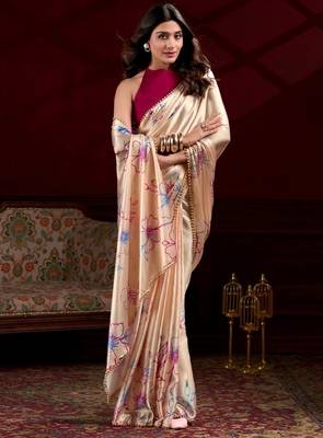 Cream satin silk floral printed with pearl lace saree with unstitched blouse 2