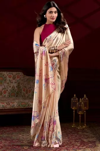 Cream satin silk floral printed with pearl lace saree with unstitched blouse
