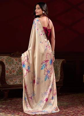 Cream satin silk floral printed with pearl lace saree with unstitched blouse 4