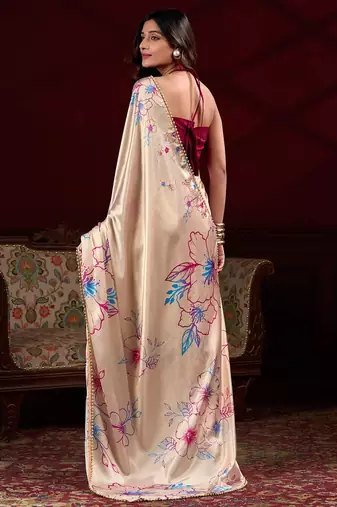 Cream satin silk floral printed with pearl lace saree with unstitched blouse