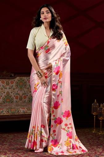 Peach satin silk floral printed with pearl lace saree with unstitched blouse