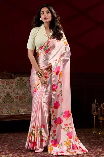 Peach satin silk floral printed with pearl lace saree with unstitched blouse