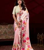 Peach satin silk floral printed with pearl lace saree with unstitched blouse