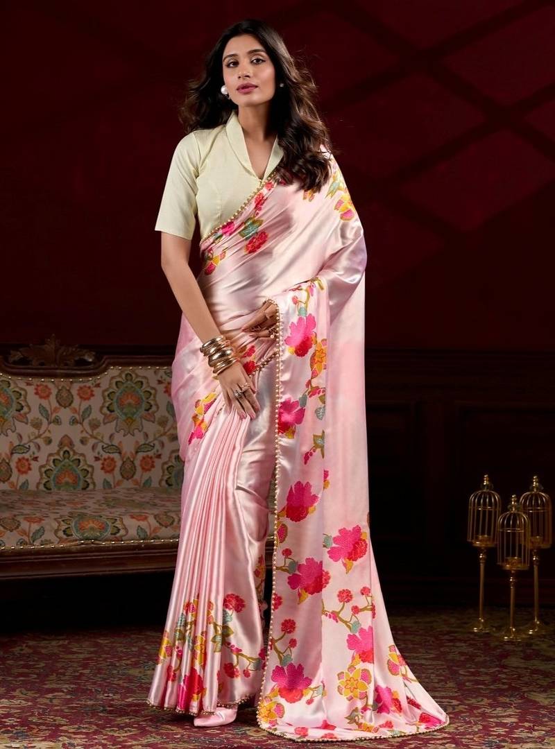 Peach satin silk floral printed with pearl lace saree with unstitched blouse