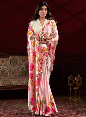 Peach satin silk floral printed with pearl lace saree with unstitched blouse 2