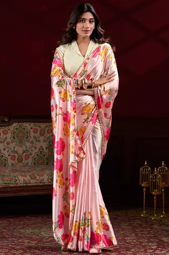 Peach satin silk floral printed with pearl lace saree with unstitched blouse