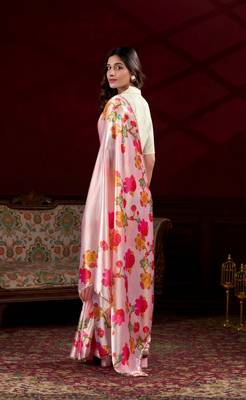 Peach satin silk floral printed with pearl lace saree with unstitched blouse 4