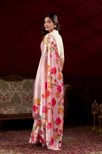 Peach satin silk floral printed with pearl lace saree with unstitched blouse