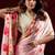 Peach satin silk floral printed with pearl lace saree with unstitched blouse