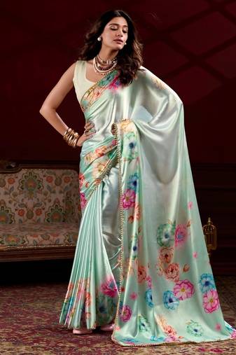 Pista satin silk floral printed with pearl lace saree with unstitched blouse