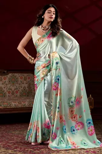 Pista satin silk floral printed with pearl lace saree with unstitched blouse