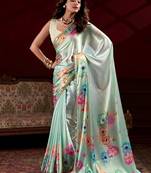 Pista satin silk floral printed with pearl lace saree with unstitched blouse