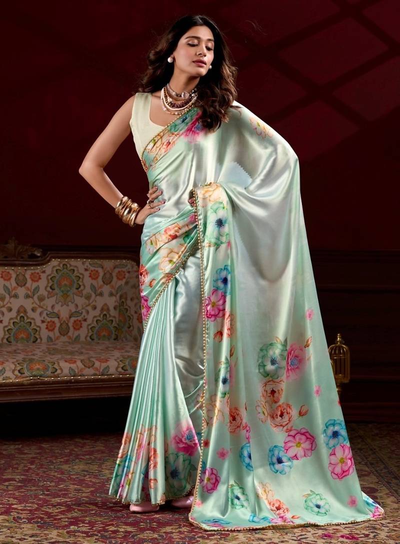 Pista satin silk floral printed with pearl lace saree with unstitched blouse
