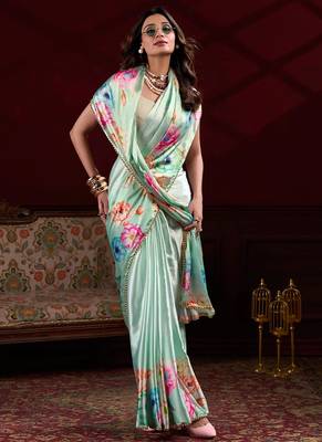 Pista satin silk floral printed with pearl lace saree with unstitched blouse 2
