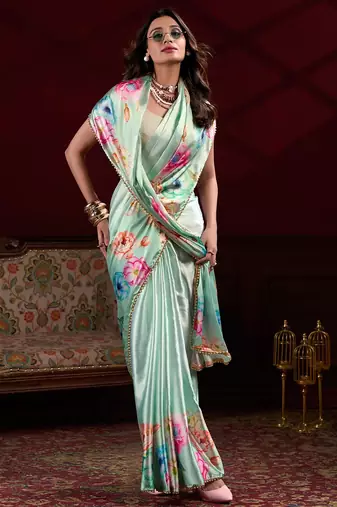 Pista satin silk floral printed with pearl lace saree with unstitched blouse