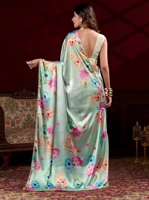 Pista satin silk floral printed with pearl lace saree with unstitched blouse 3