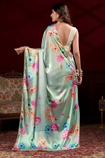 Pista satin silk floral printed with pearl lace saree with unstitched blouse