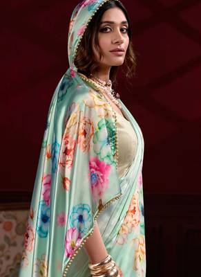 Pista satin silk floral printed with pearl lace saree with unstitched blouse 4